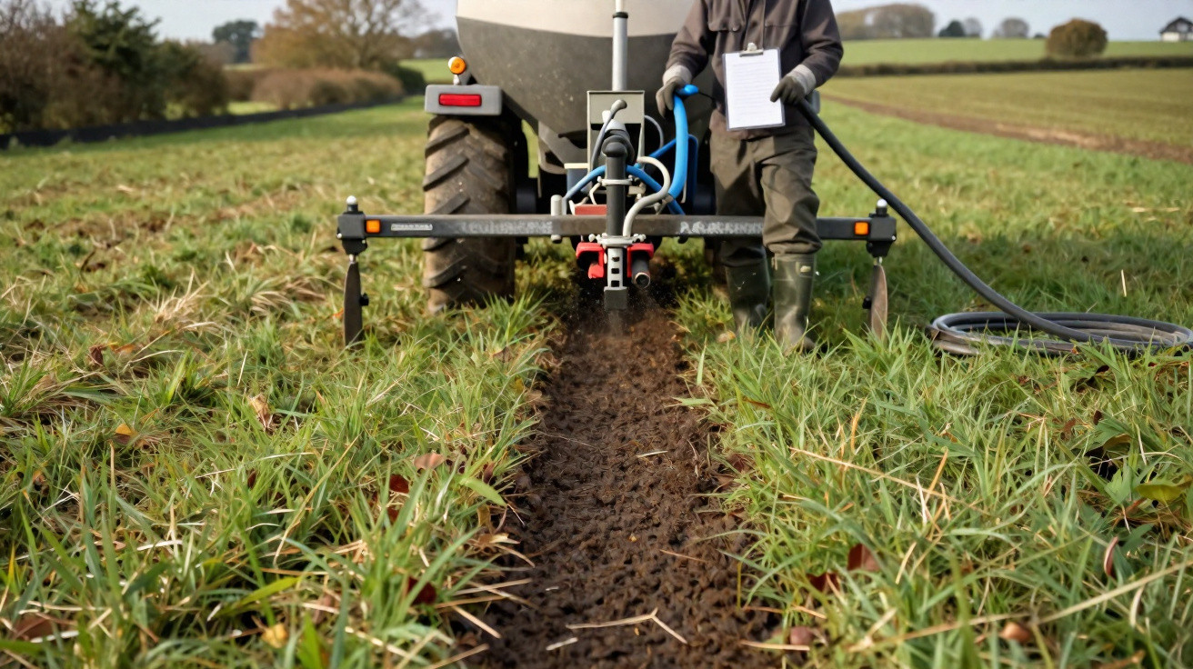 Farmer beside tractor applying fertiliser through soil injection equipment in a green grassy field.