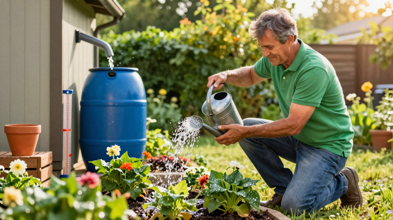 Man in green shirt watering plants in a garden beside a blue rain barrel on a sunny day.