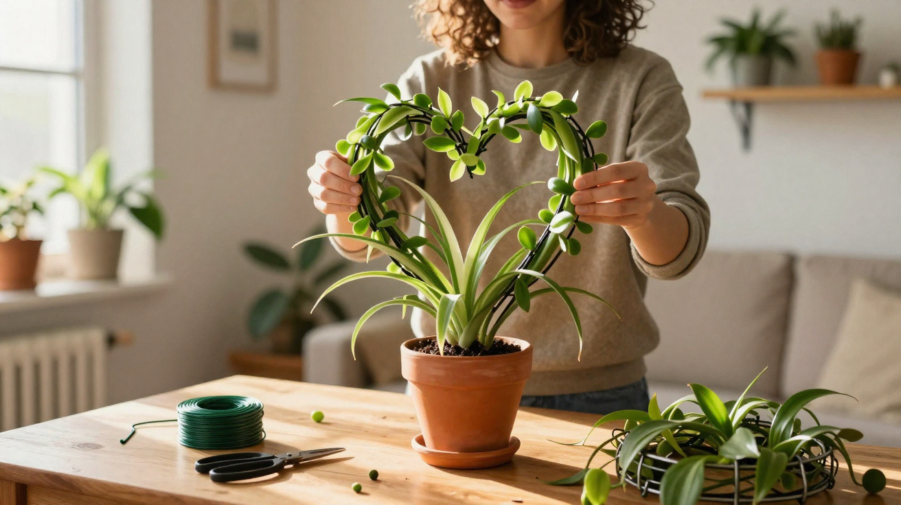 Person shaping a heart with plant stems around a potted plant on a wooden table indoors.