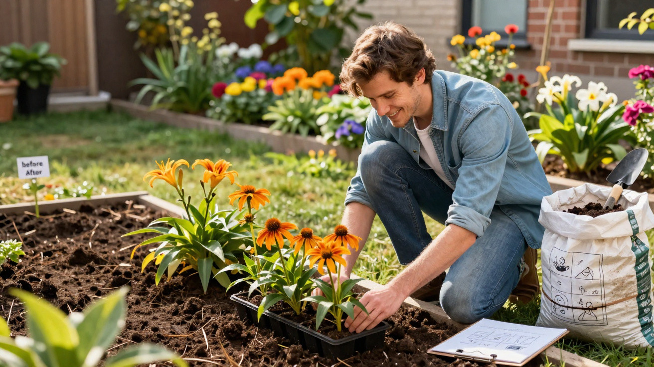 Man planting orange flowers in a garden bed on a sunny day, with gardening tools and soil nearby.