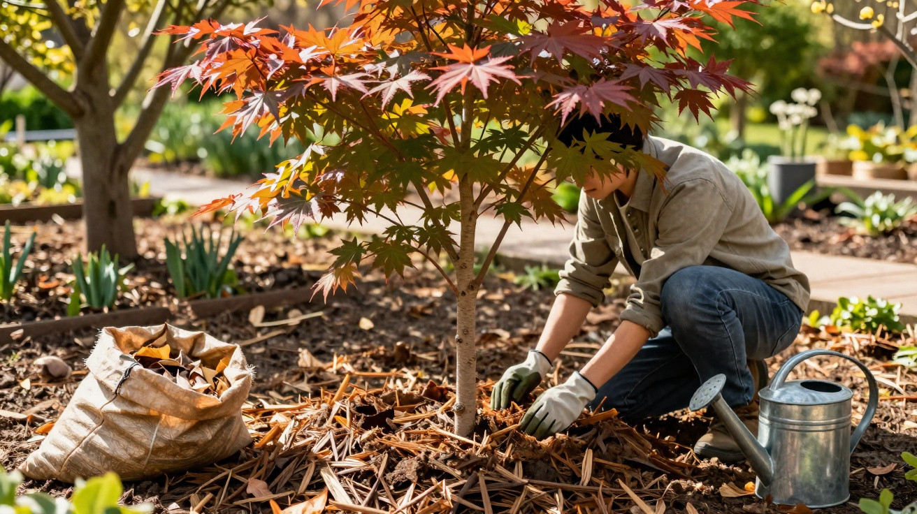 Person wearing gloves gardening and planting a young tree with red leaves on a sunny day.