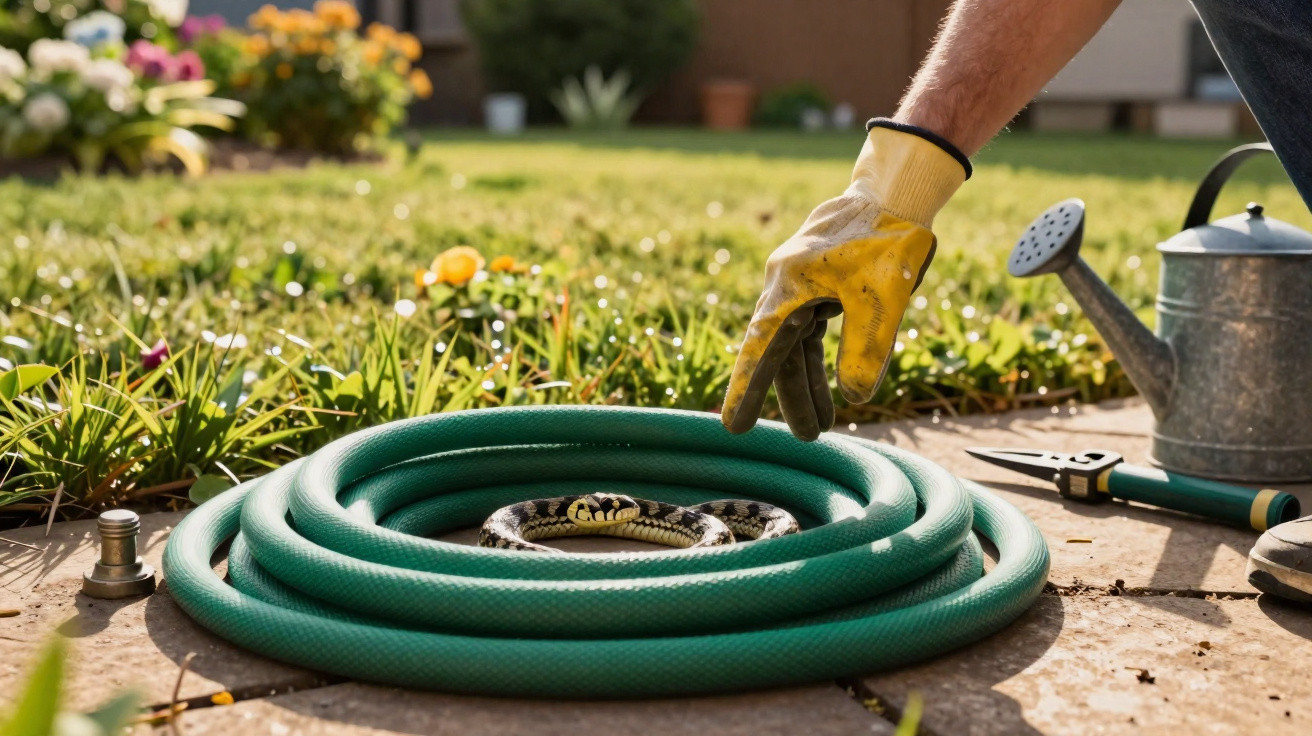 Garden hose coiled on patio with a small snake inside, a gloved hand reaching towards it near gardening tools.