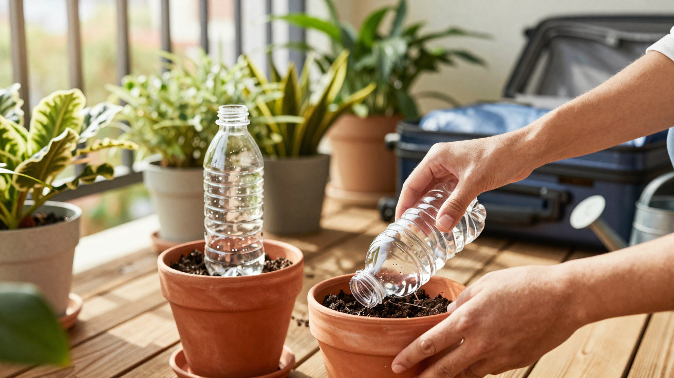 Person watering soil in terracotta pot with a plastic bottle beside other plants on a wooden surface
