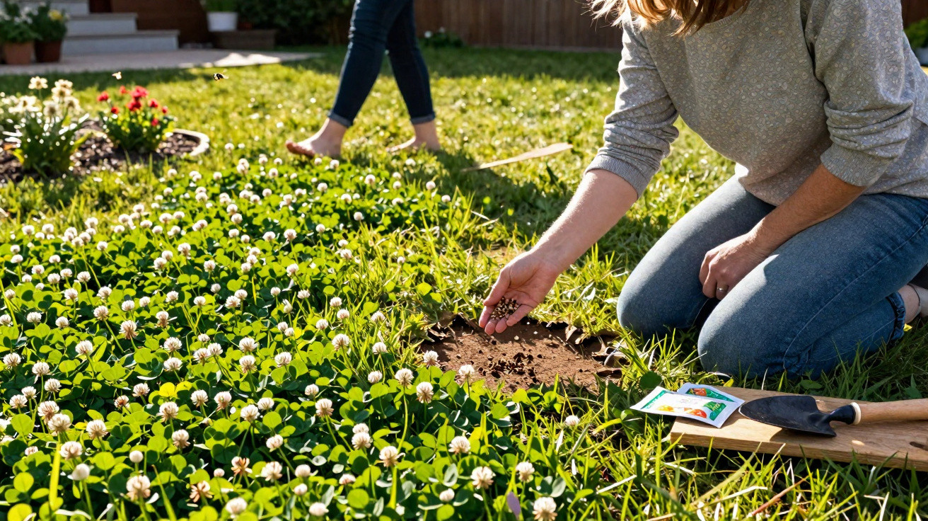 Person kneeling on grass planting seeds in a garden patch surrounded by white clover flowers.