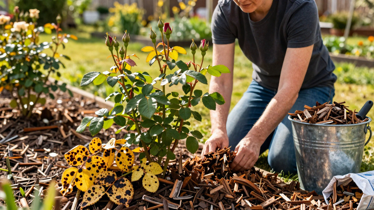 Person spreading wood mulch around rose bushes in a sunny garden with green grass and flowers in the background.