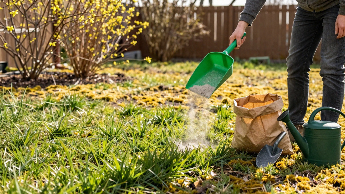 Person spreading fertiliser with a green scoop on grass surrounded by gardening tools and plants.