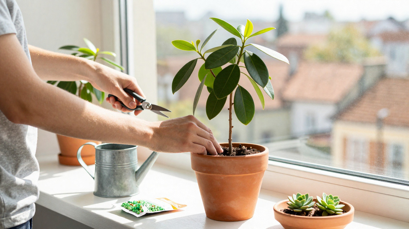 Person pruning a potted plant on a sunny windowsill with gardening tools and succulents nearby.