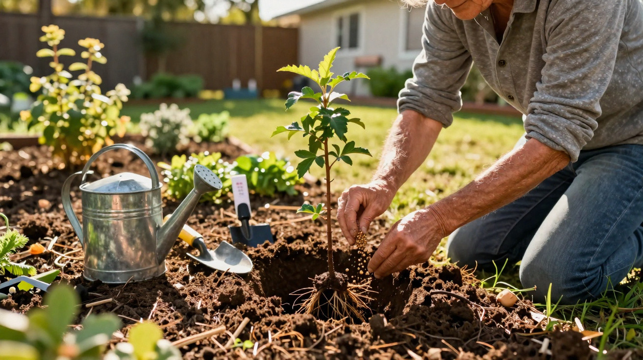 Person planting a young tree in a garden with gardening tools and watering can nearby.