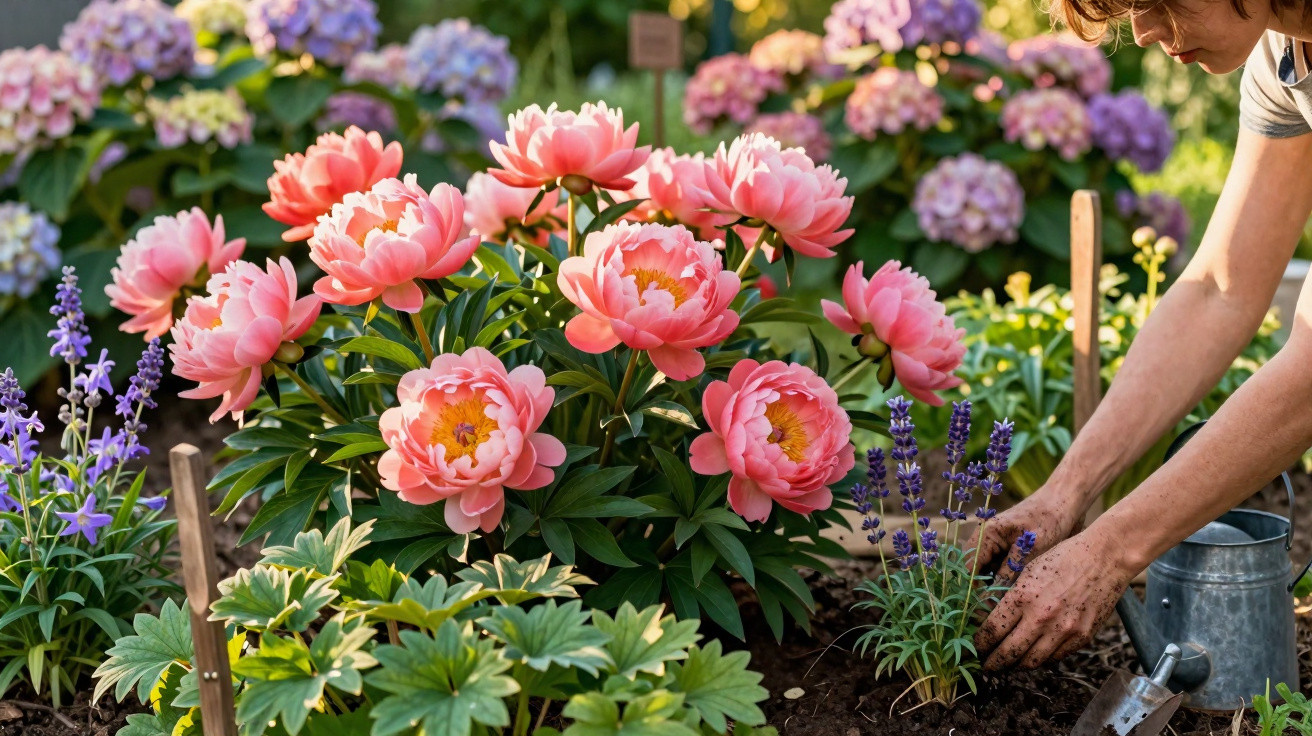 Person gardening with pink peonies and lavender in a sunny flower bed outdoors.