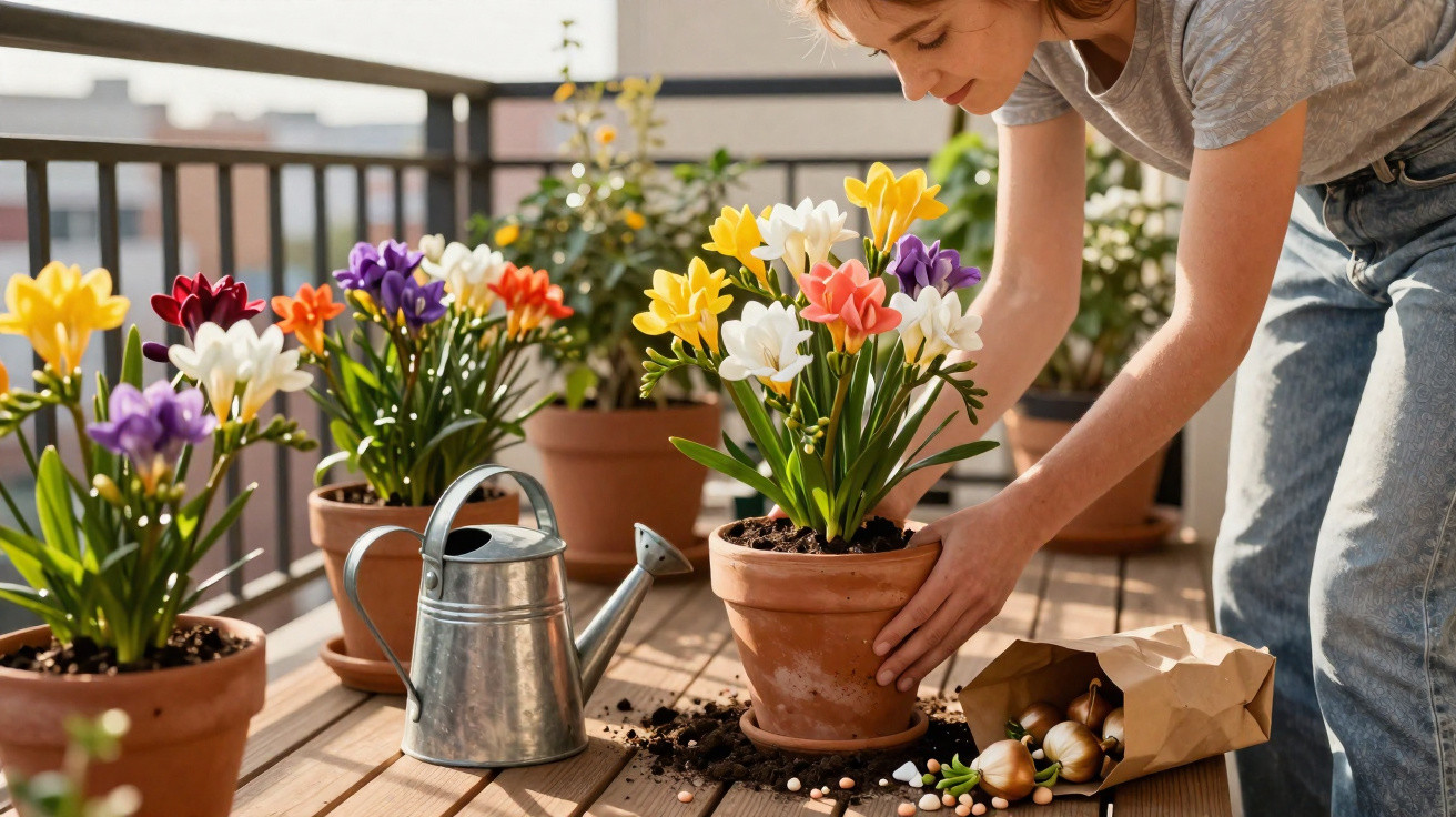 Person arranging colourful potted flowers on a balcony wooden floor with gardening tools and bulbs nearby.