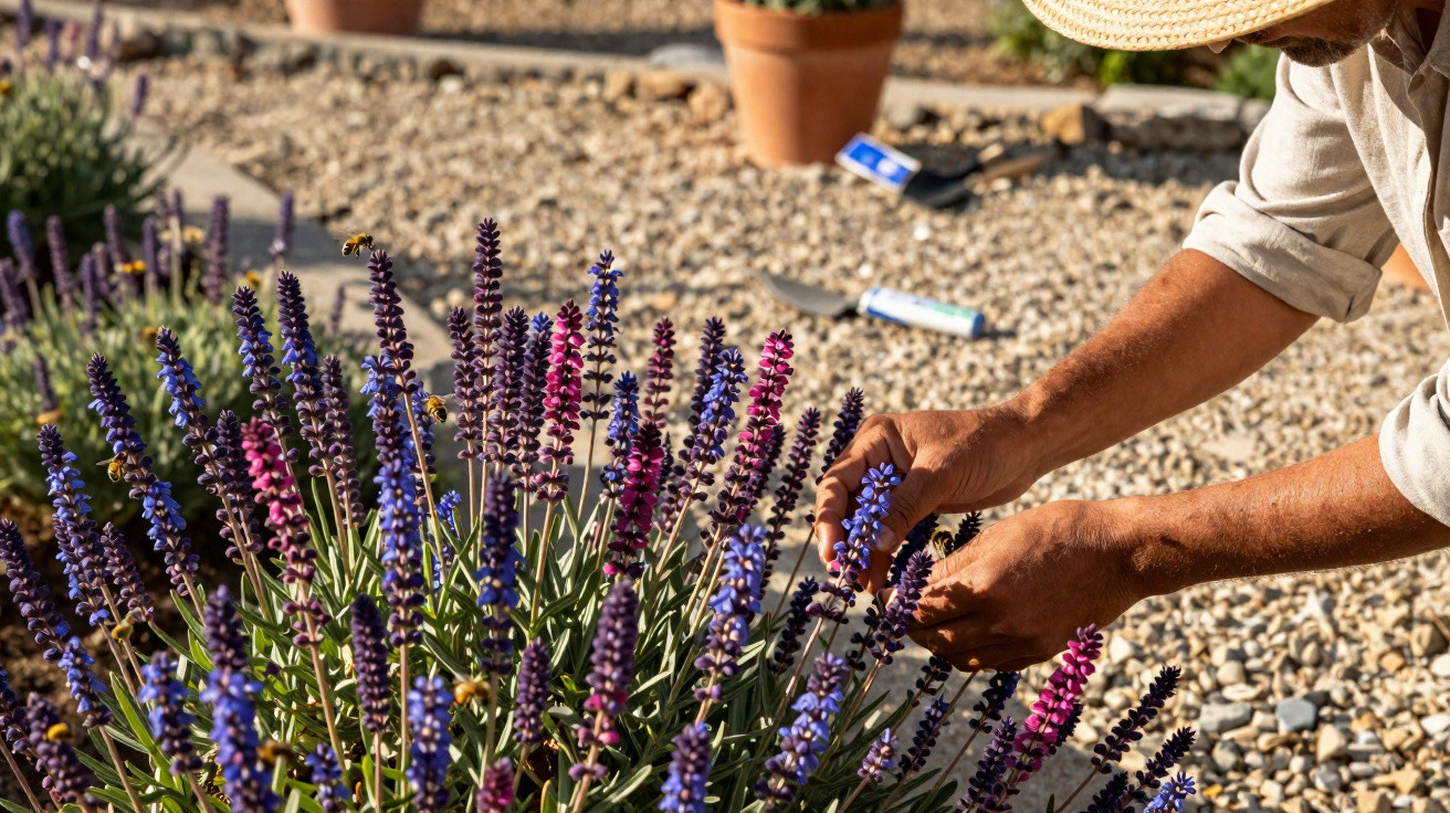 Person wearing straw hat tending purple and pink lavender plants in a sunny garden with gravel ground.