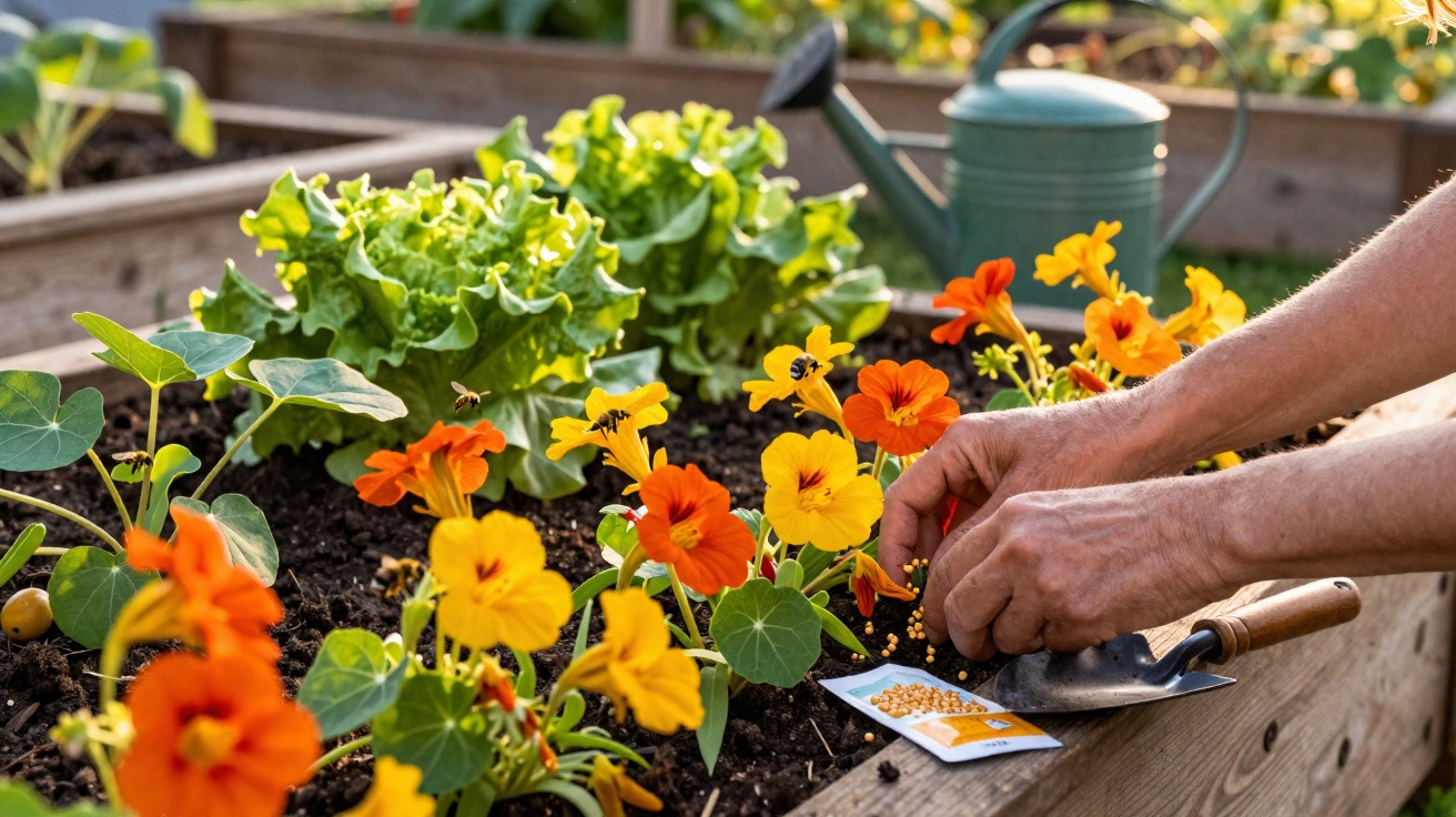 Hands planting orange and yellow nasturtium seeds in a raised garden bed with lettuce and a watering can nearby.