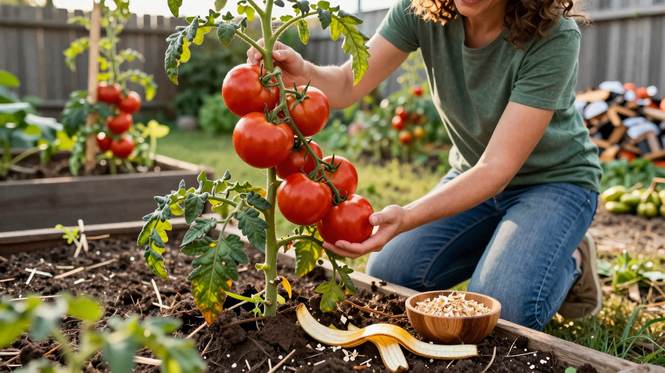 Person harvesting ripe tomatoes from a garden with a bowl of seeds nearby on a raised bed.
