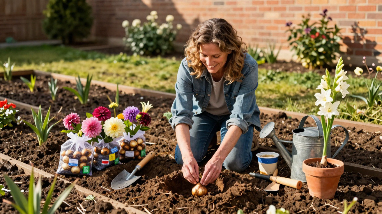 Woman planting flower bulbs in garden bed with gardening tools and pots nearby on a sunny day