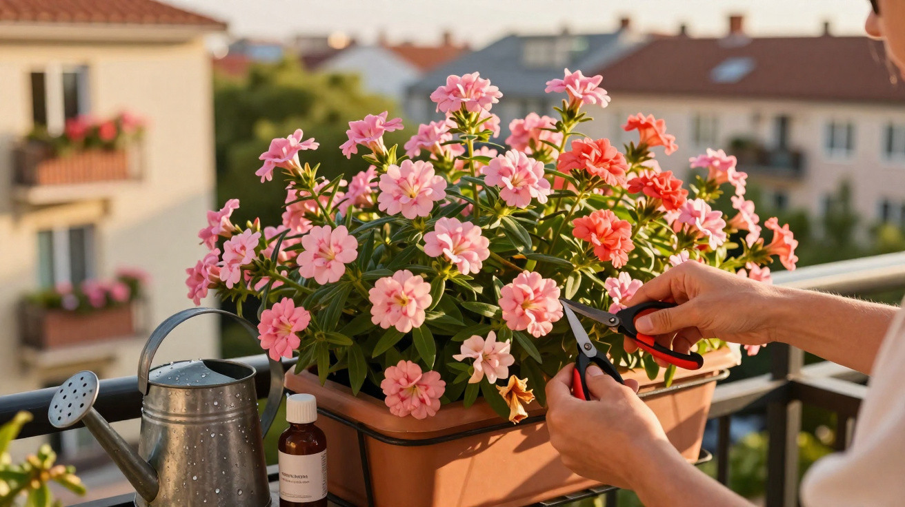 Person pruning pink and red flowers in a balcony planter with a watering can and plant bottle nearby.