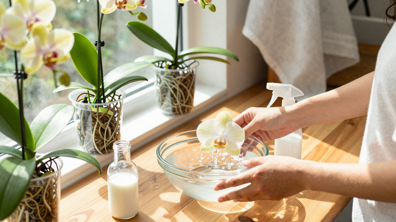 Person cleaning a white orchid flower in a glass bowl of water on a wooden windowsill with potted orchids.