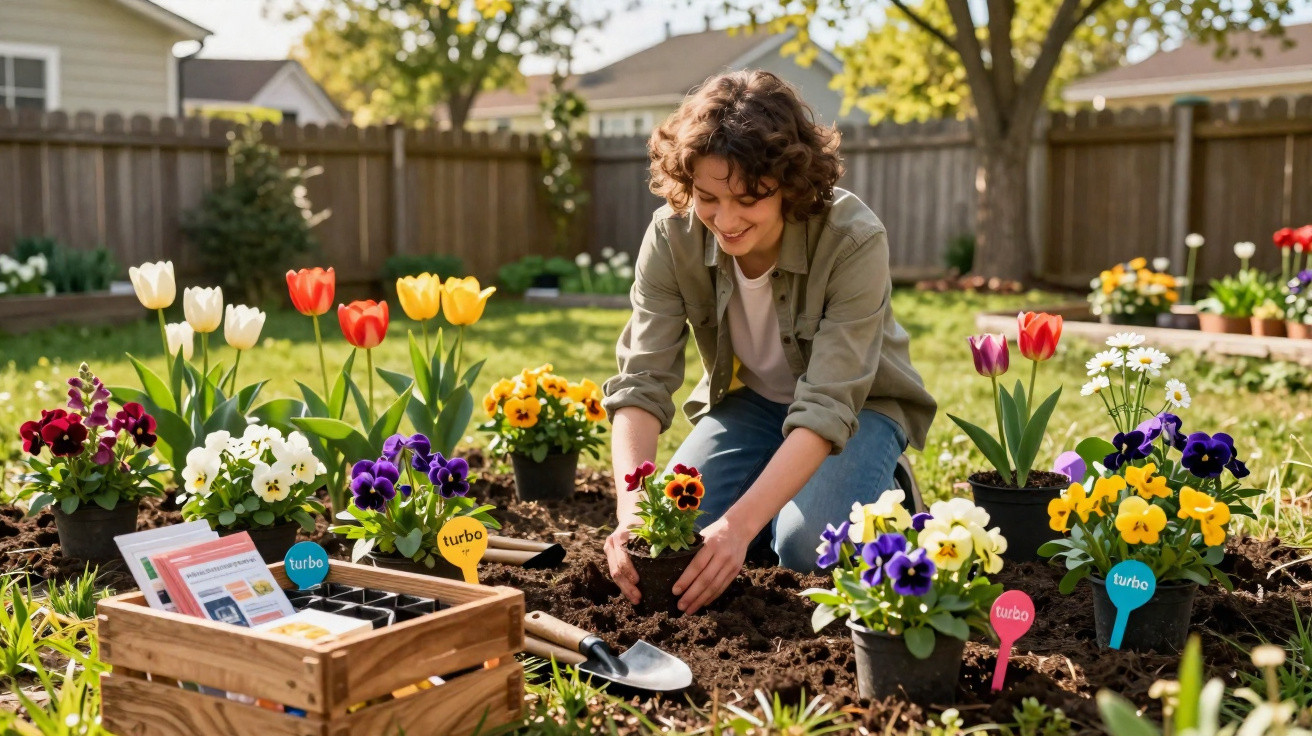 Person planting colourful flowers in a sunny garden surrounded by gardening tools and flower pots