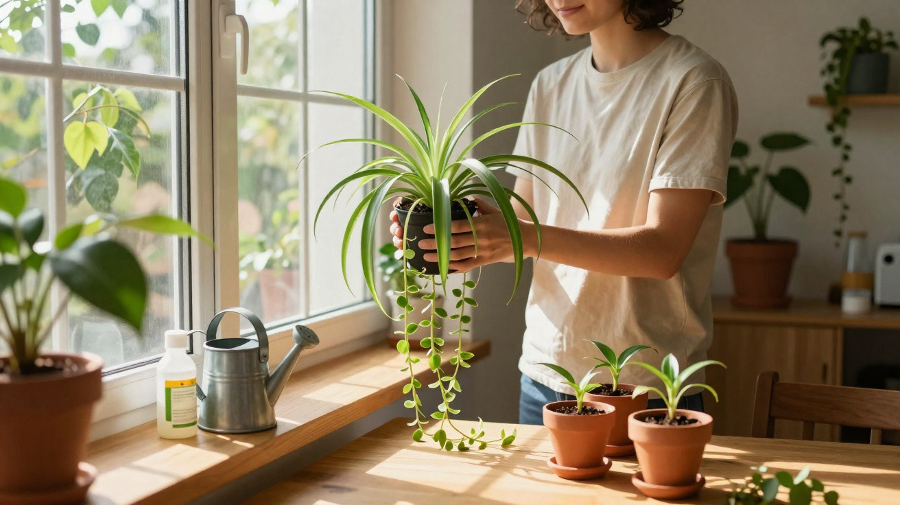 Person holding a trailing houseplant near a sunny window with three small potted plants on a wooden table.