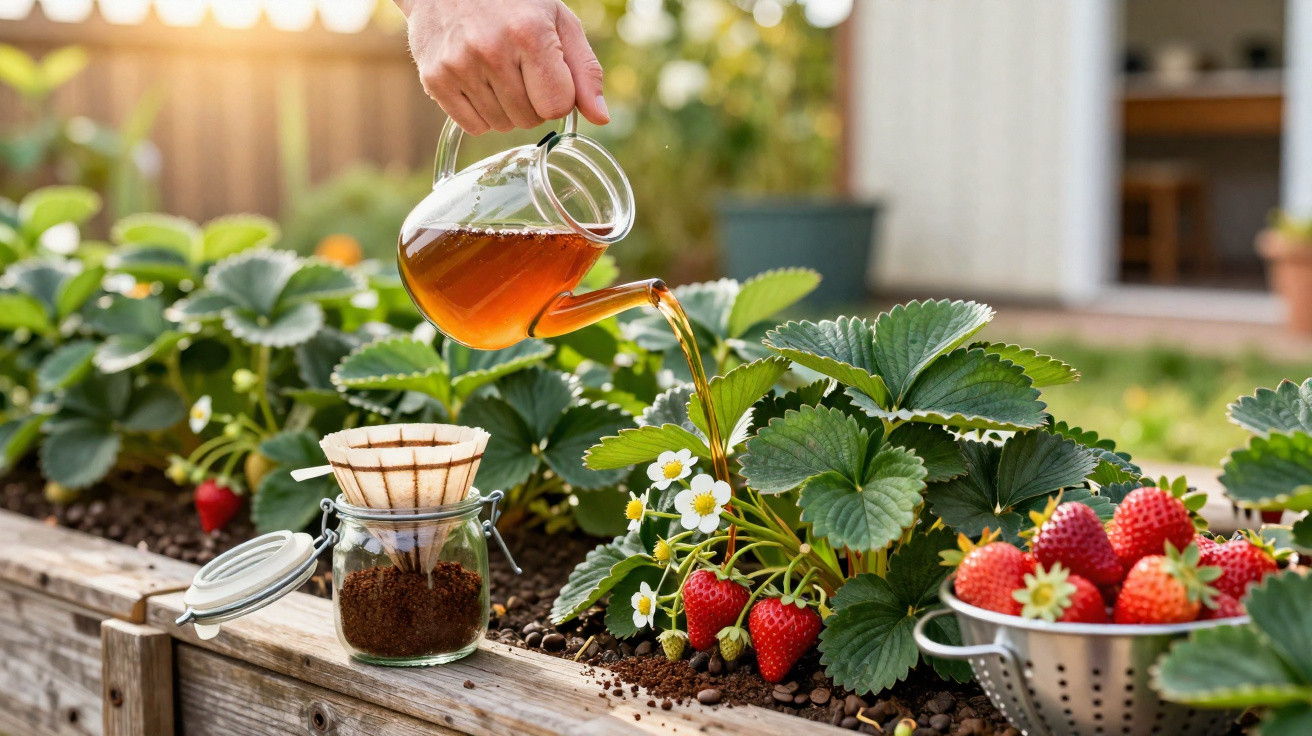 Hand pouring liquid fertilizer from a glass jug onto strawberry plants in a garden bed with ripe strawberries.