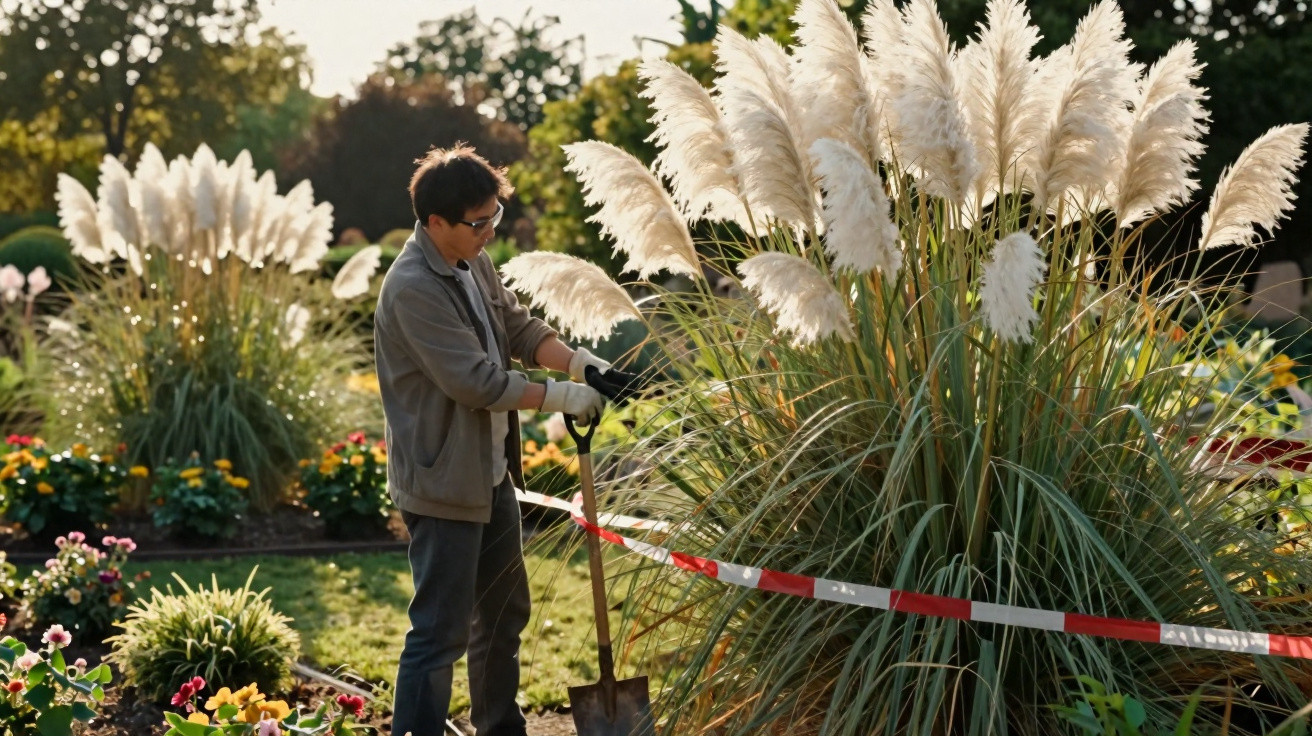 Person wearing gloves gardening with a spade near tall pampas grass in a sunny garden area.
