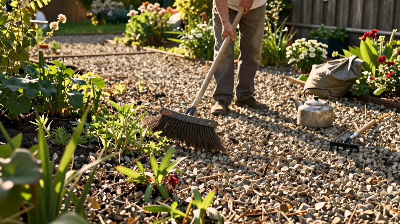 Person sweeping gravel in a garden surrounded by plants and gardening tools in sunlight.