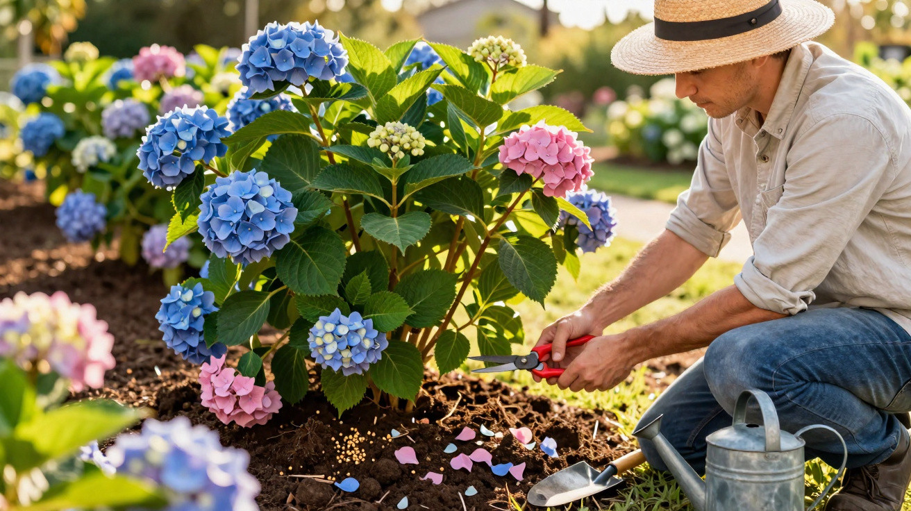 Man wearing a hat pruning vibrant blue and pink hydrangeas in a sunny garden with gardening tools nearby.
