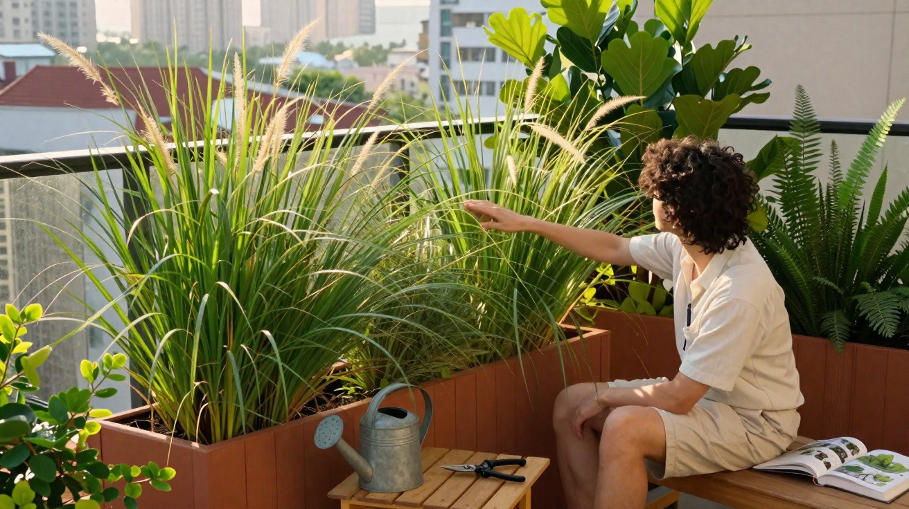 Person tending tall green plants on a balcony garden with gardening tools and a book nearby in daylight.