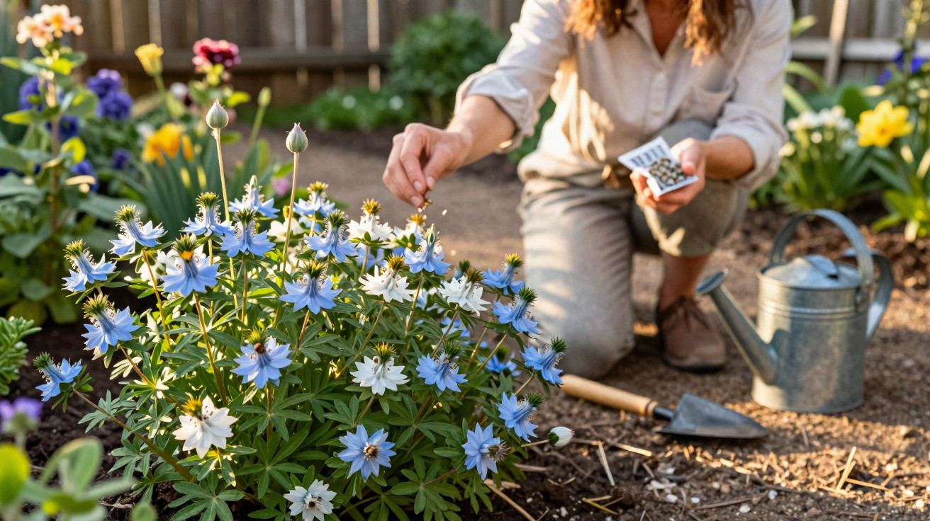 Person planting seeds in a garden bed next to blue and white flowering plants with a watering can nearby.
