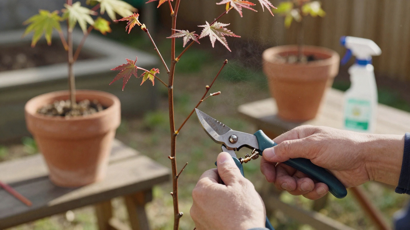 Person pruning a small maple tree outdoors with garden shears in a sunny backyard setting.
