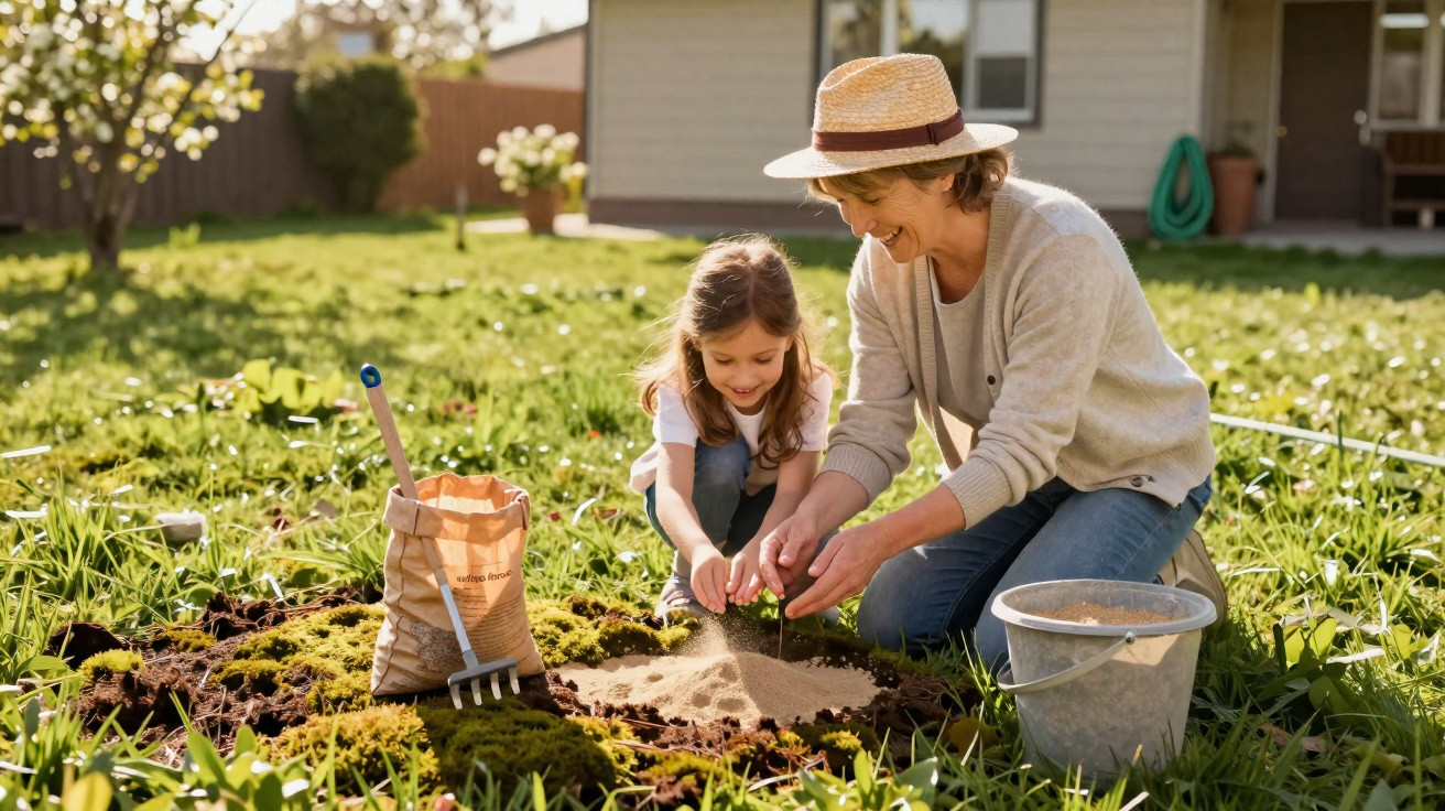 A woman and young girl planting a seedling together in a garden on a sunny day.