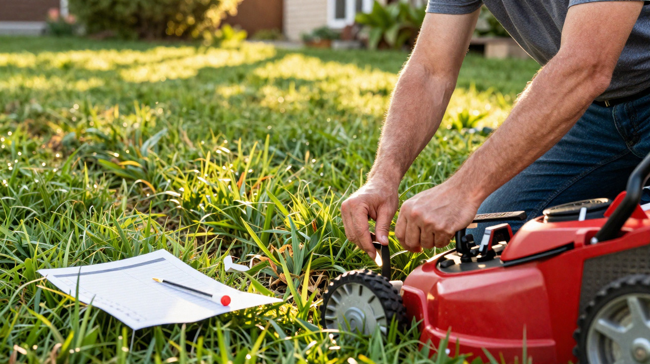 Person fixing the wheel of a red lawnmower in tall grass with a clipboard and pencil nearby on the ground.