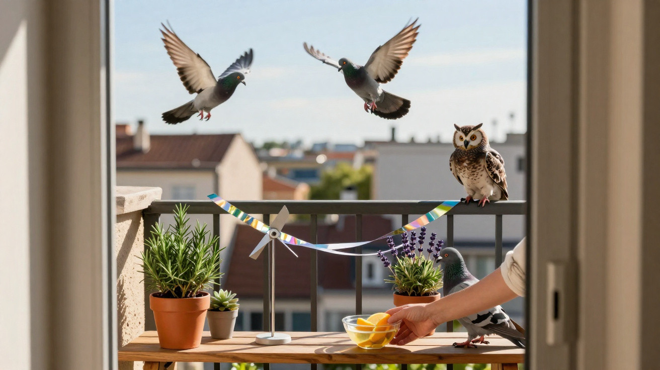 Two pigeons flying, one pigeon perched, and an owl on a balcony railing with plants and a hand holding oranges.