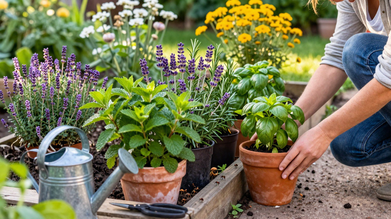 Person gardening with potted herbs including basil, lavender, and mint in a garden bed with a watering can nearby.