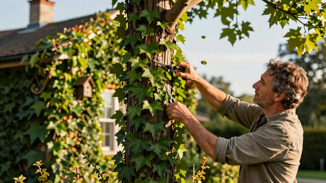 Man pruning ivy growing on a tree trunk in a garden near a house on a sunny day