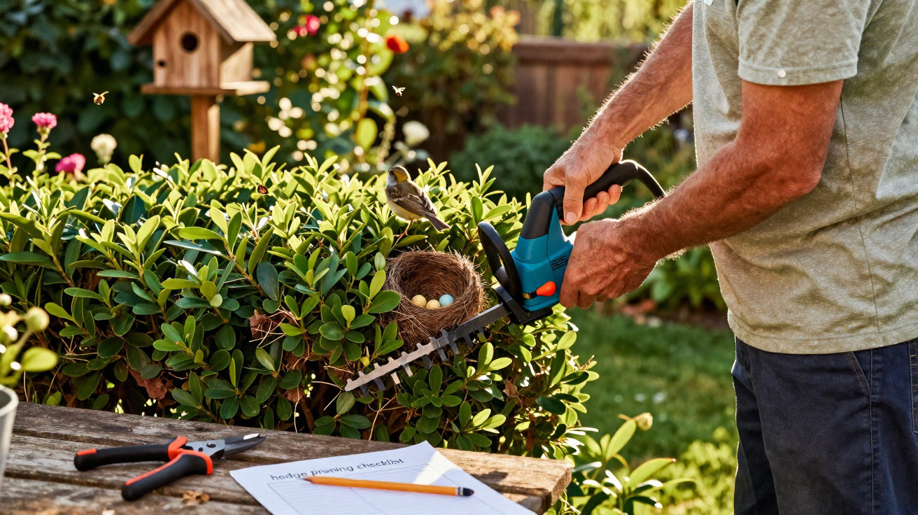 Person using electric hedge trimmer near bird's nest with eggs on green shrub in sunny garden.