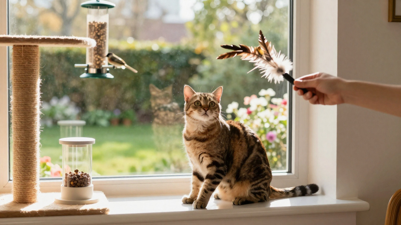 Tabby cat sitting on windowsill looking at a hand holding a feather toy in a sunlit room.