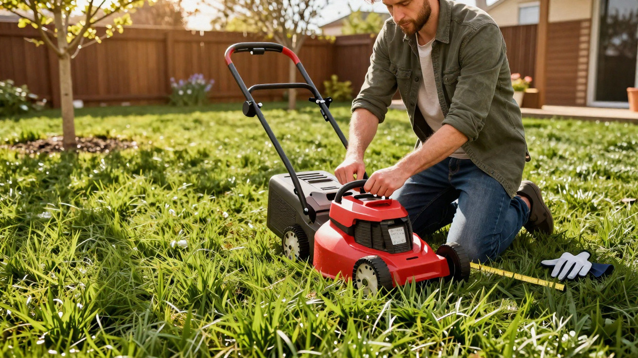 Man adjusting a red lawn mower on a grassy lawn in a sunny garden with gardening gloves nearby.
