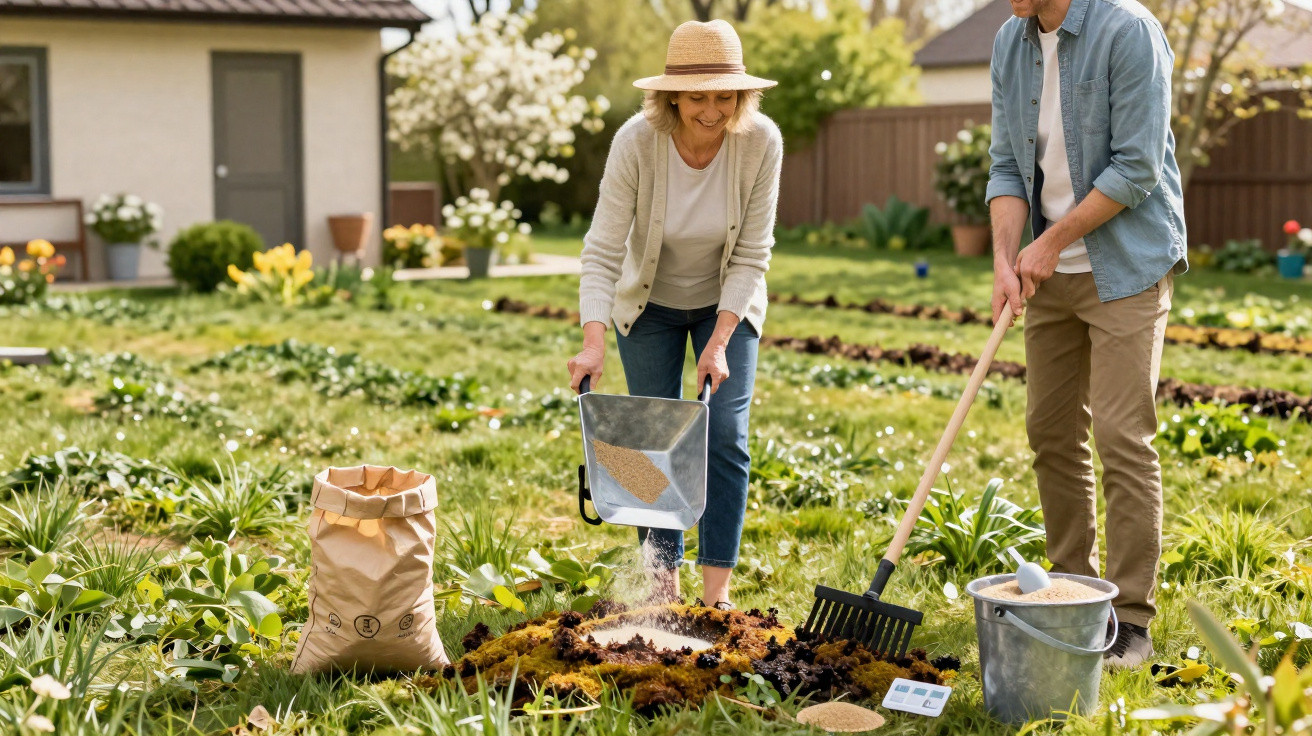 Older couple spreading fertiliser in a garden surrounded by plants and flowers on a sunny day.