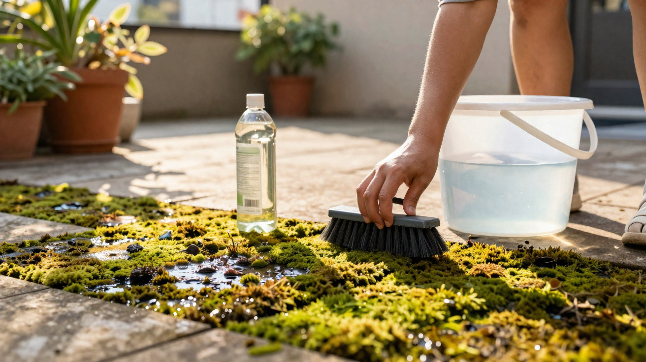 Person scrubbing moss off outdoor stone tiles with a brush, a bucket of water, and cleaning solution nearby.