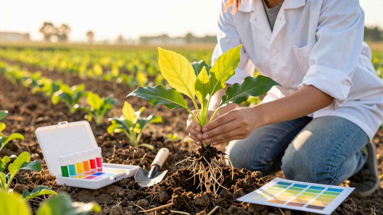 Scientist in white coat kneeling in a field examining a plant’s roots with soil test kits and charts nearby.