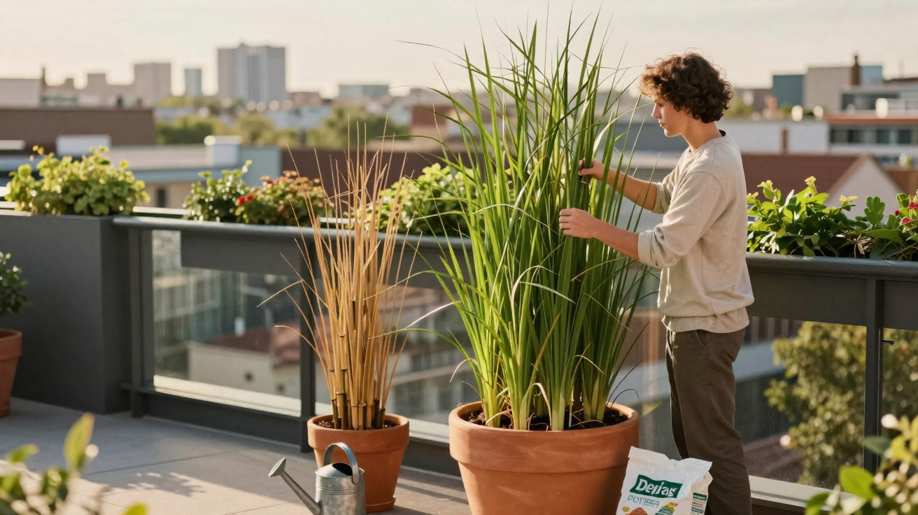 Young person tending tall green plants in large pots on a city rooftop garden at sunset