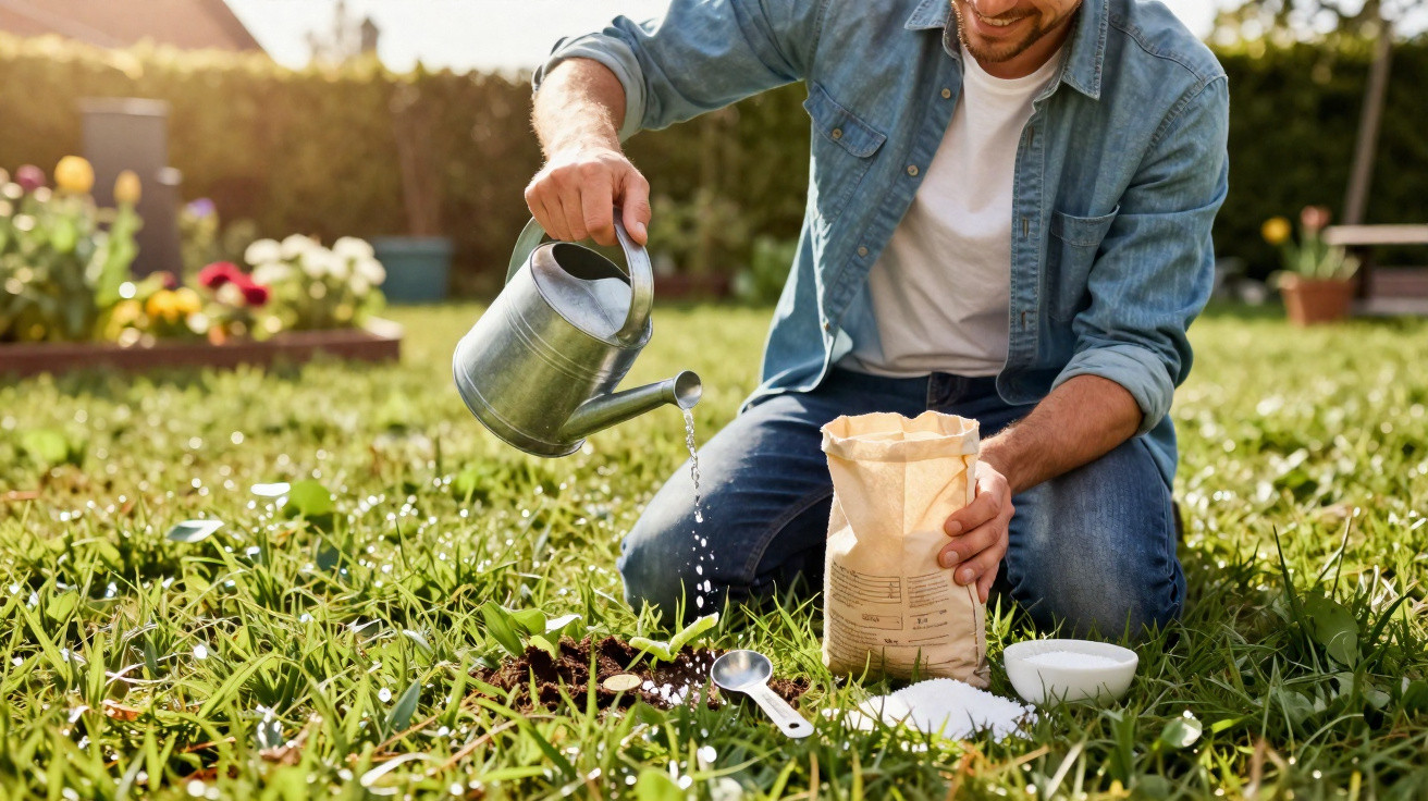 Man kneeling on grass watering small plant with a metal watering can in a sunny garden.