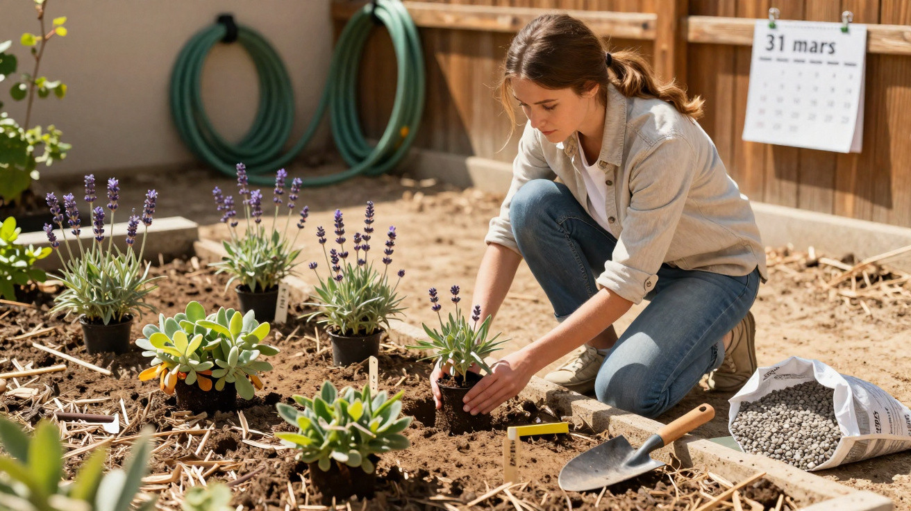 Young woman planting lavender plants in garden bed on 31 March with gardening tools nearby
