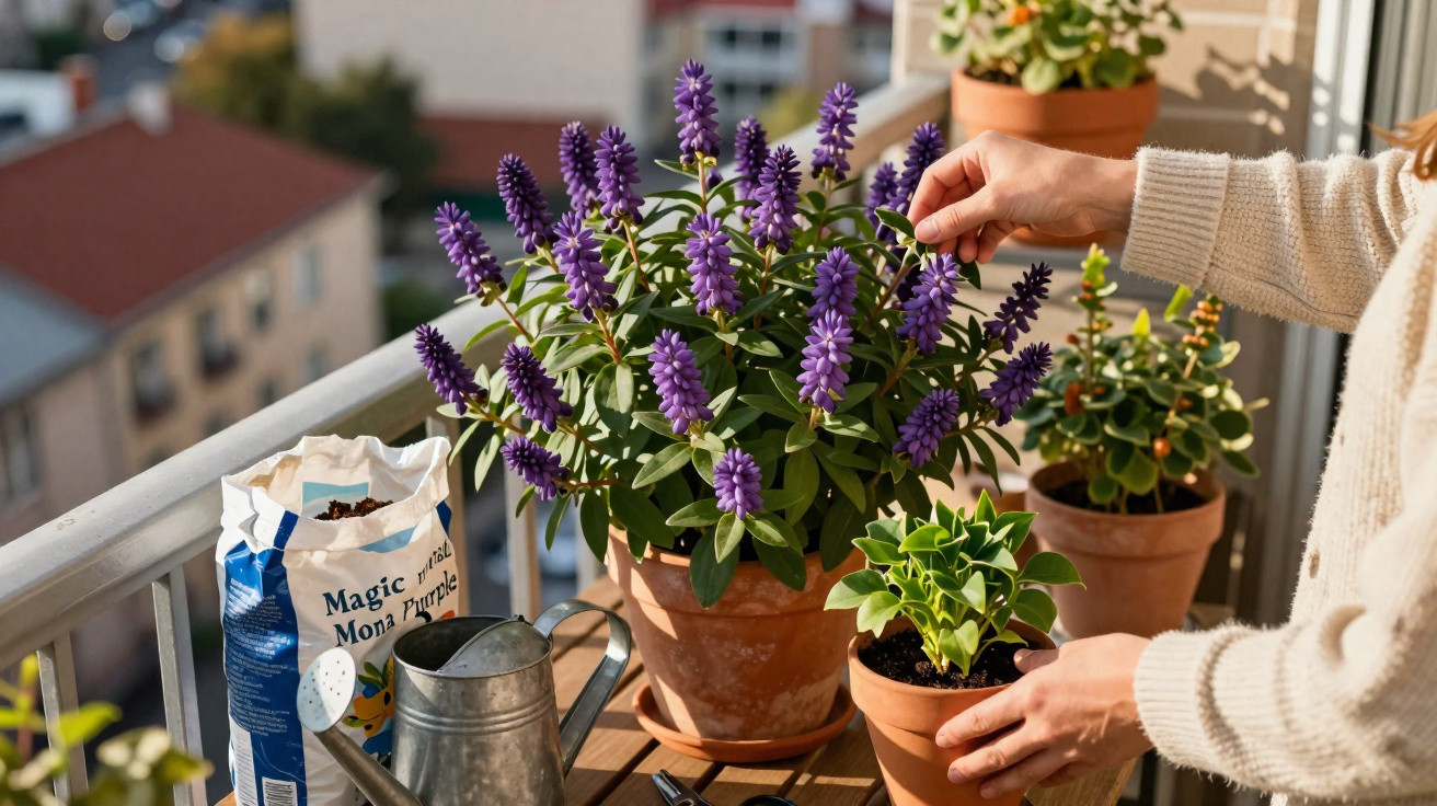 Hands tending to purple flowering plants and green foliage in terracotta pots on a balcony table.