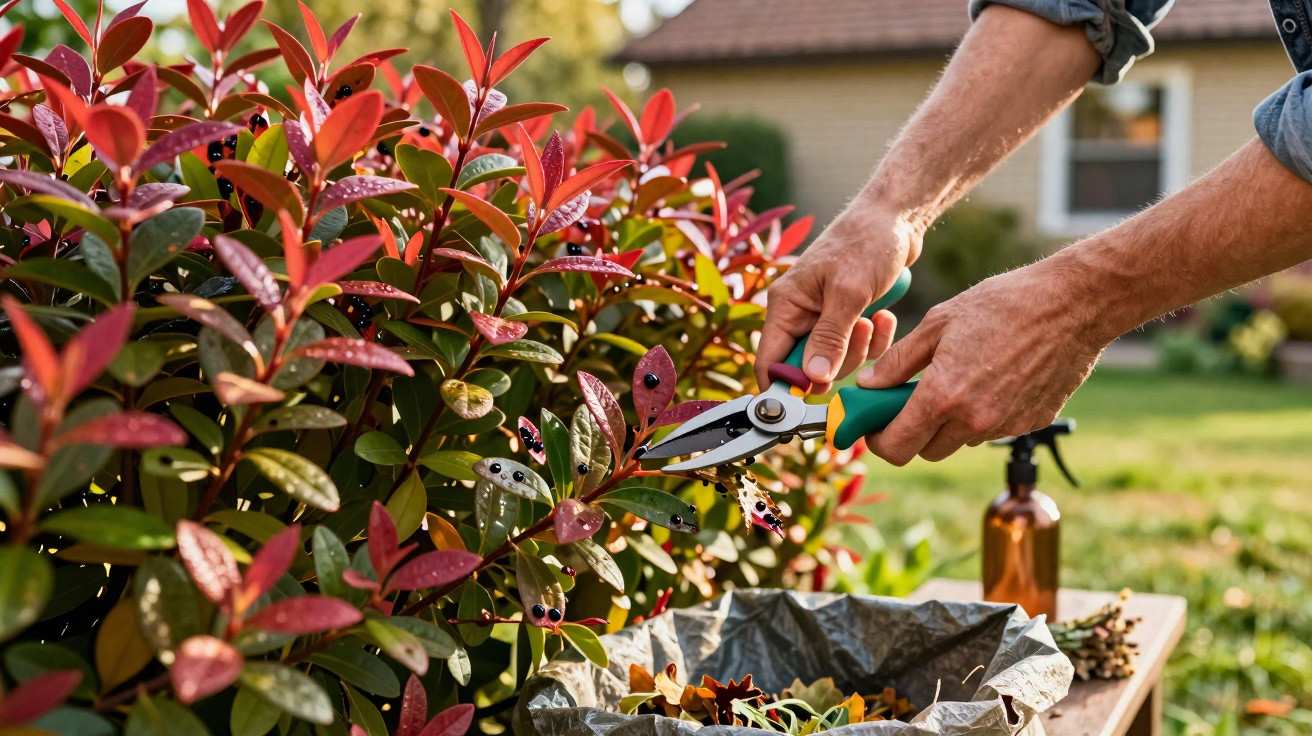 Person trimming a red-leaved bush with pruning shears in a sunny garden setting.