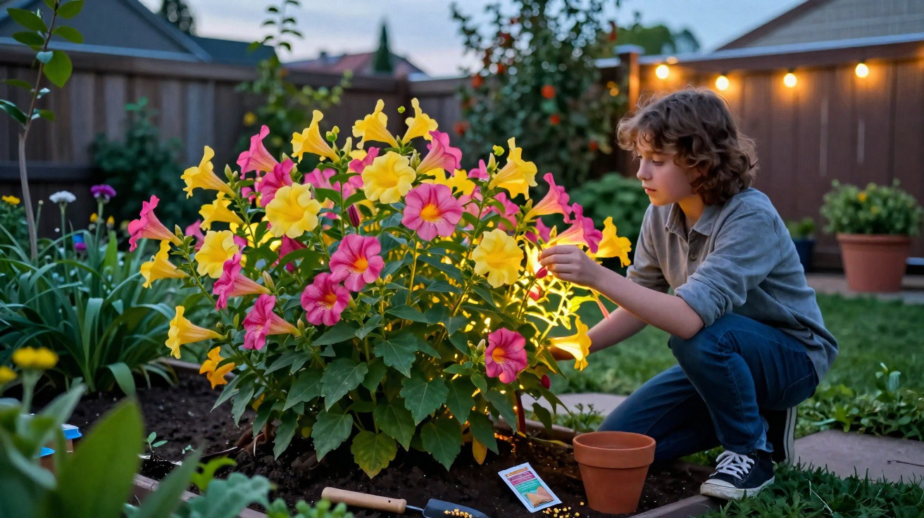 Child tending to pink and yellow flowers in a garden during early evening with fairy lights in the background.