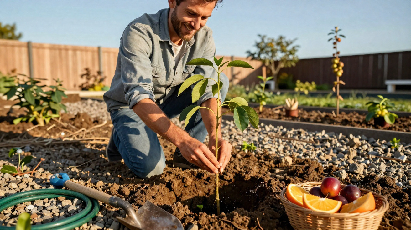 Man planting a young fruit tree in a garden with a basket of fresh fruit nearby on a sunny day.