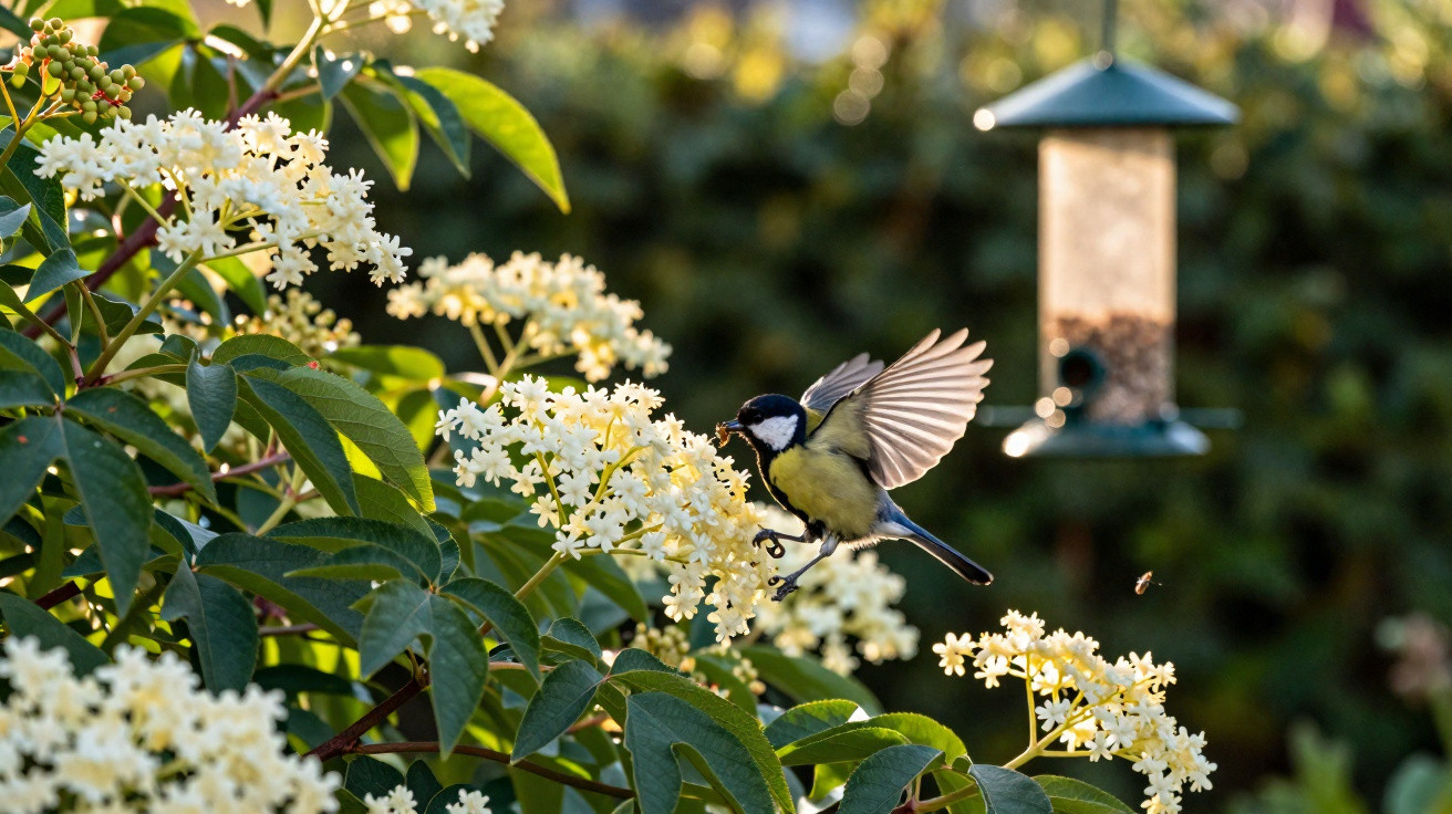 Great tit bird in mid-flight feeding on white elderflower blossoms near a garden bird feeder.