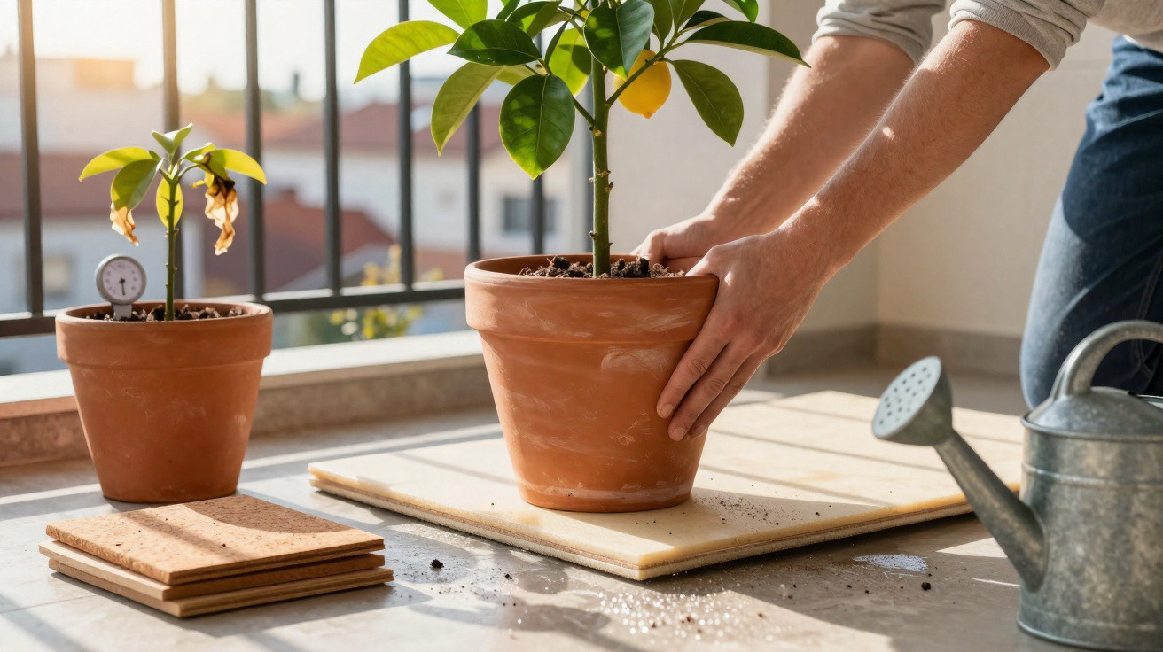 Person repotting a lemon tree in a terracotta pot on a balcony with another small potted plant and watering can nearby.