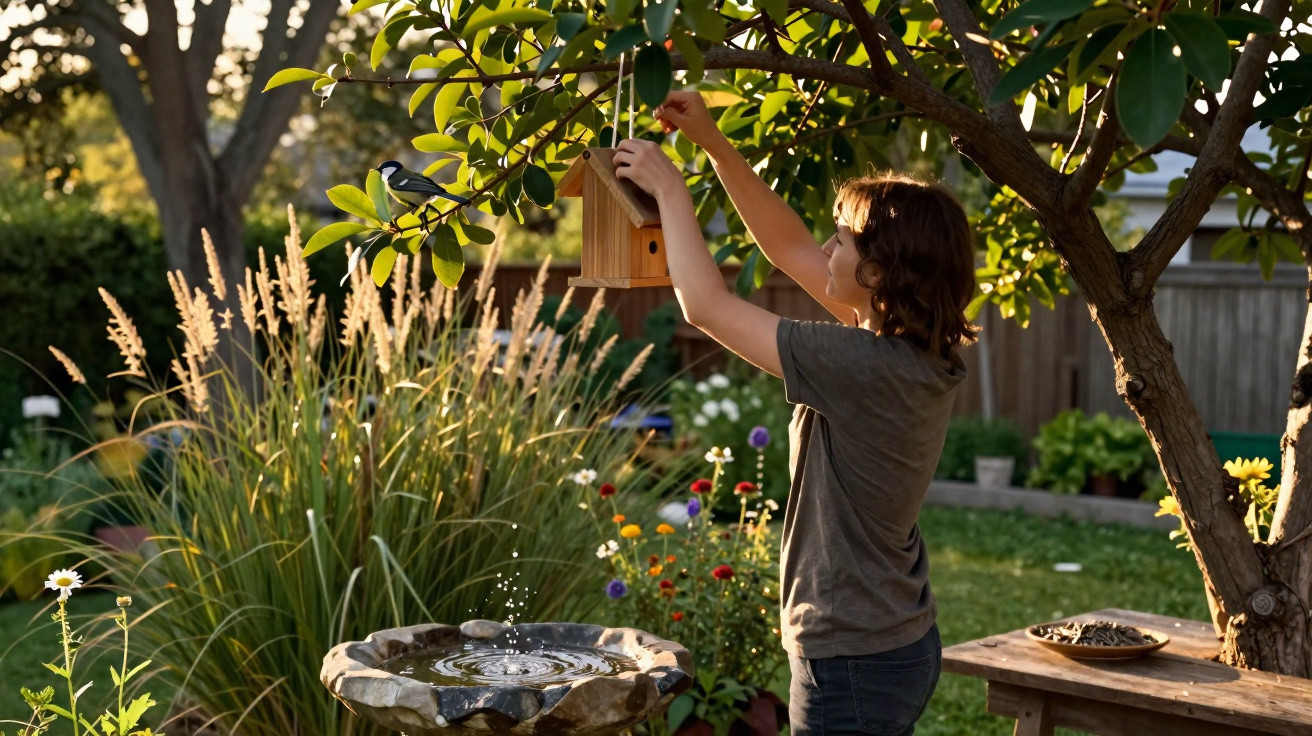 Child hanging a wooden birdhouse on a tree branch in a sunny garden with a bird perched on it.